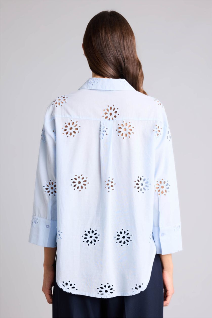 Kadın Açık Mavi Oversıze Gömlek Yaka Brode Uzun Kollu Gömlek