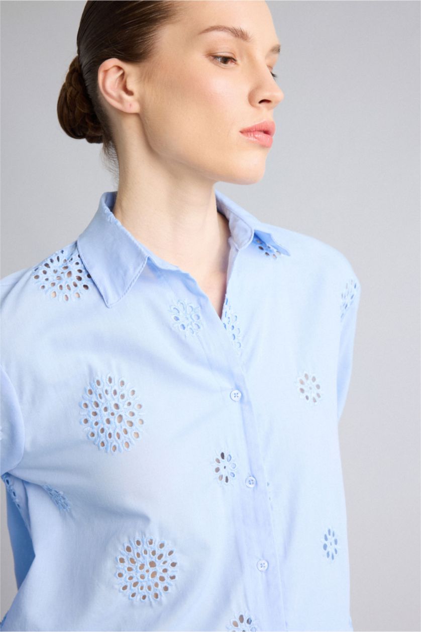 Women Light Blue Oversize Fit brode Long Sleeve Shirt