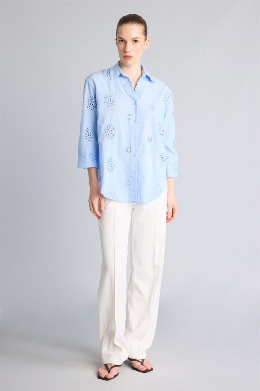 Women Light Blue Oversize Fit brode Long Sleeve Shirt