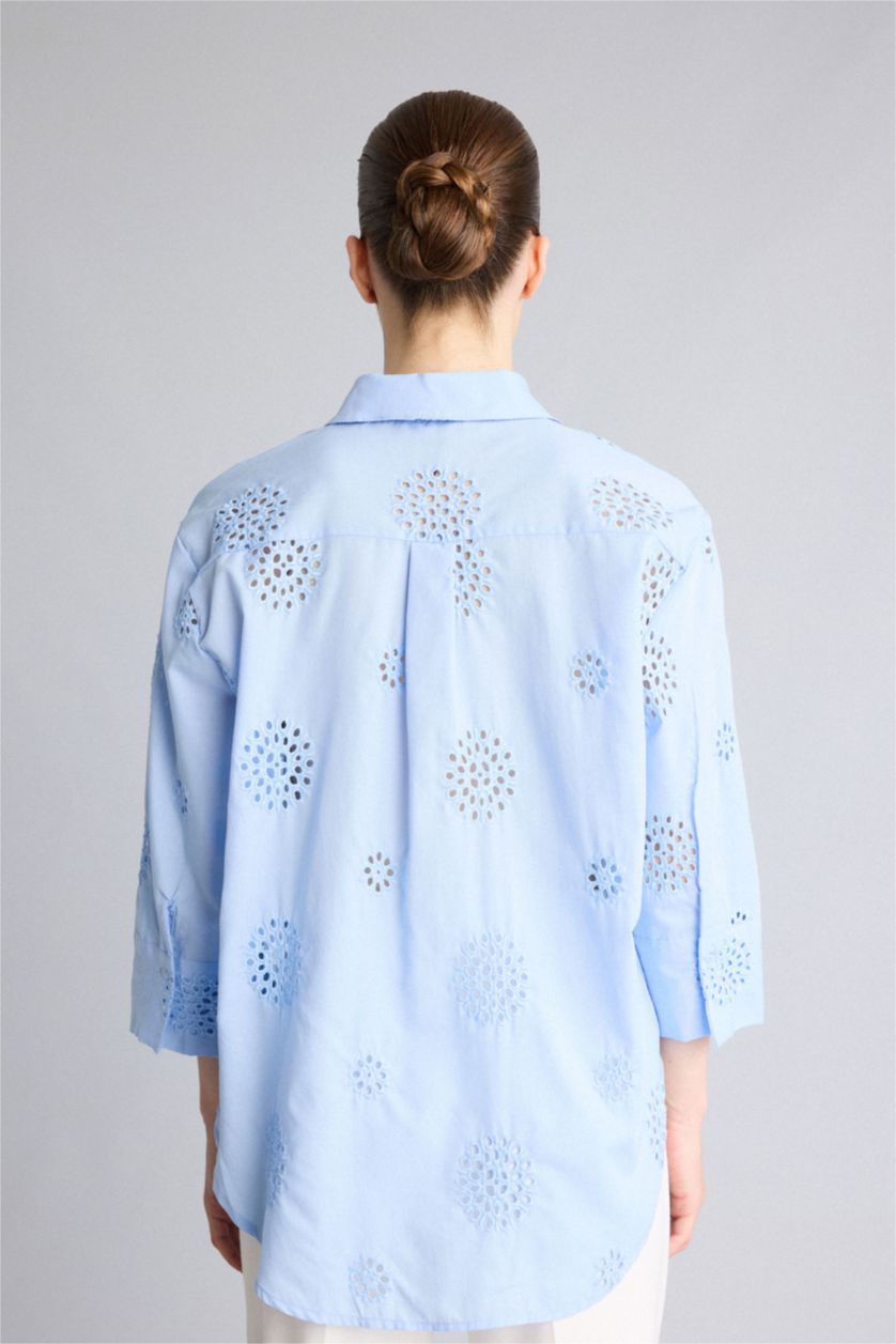 Women Light Blue Oversize Fit brode Long Sleeve Shirt