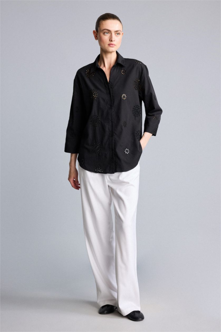 Women Black Oversize Fit brode Long Sleeve Shirt