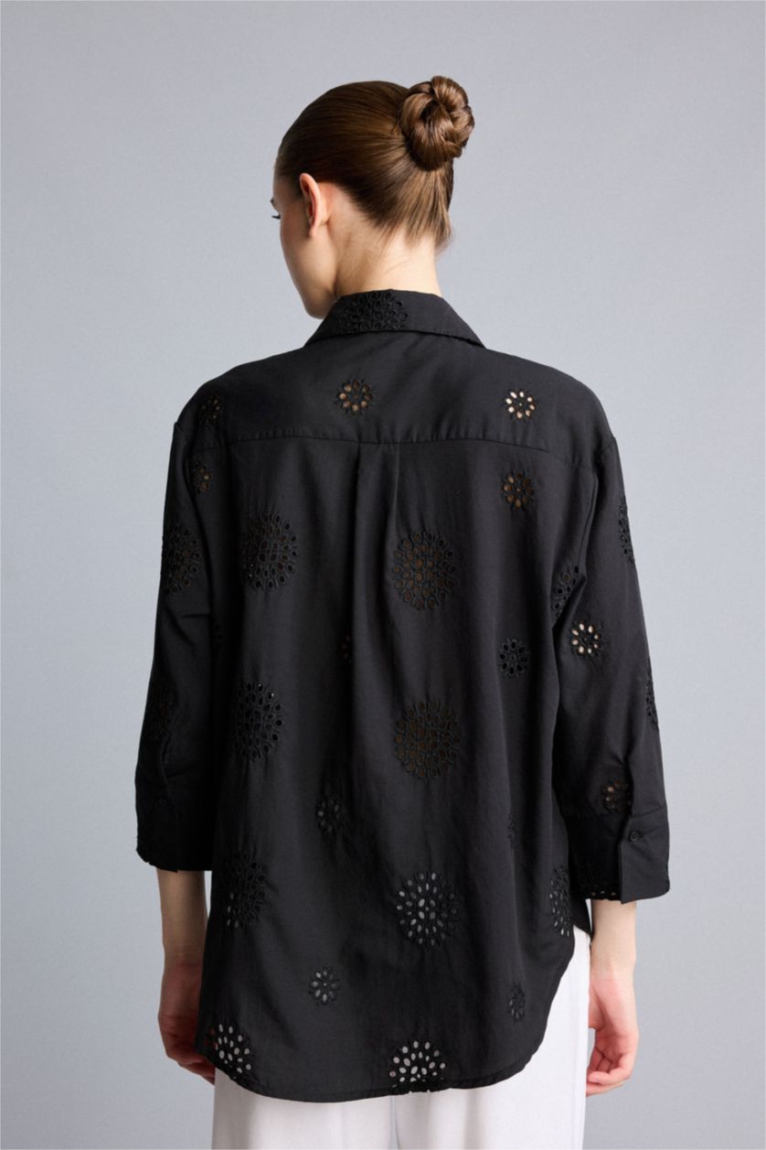 Women Black Oversize Fit brode Long Sleeve Shirt