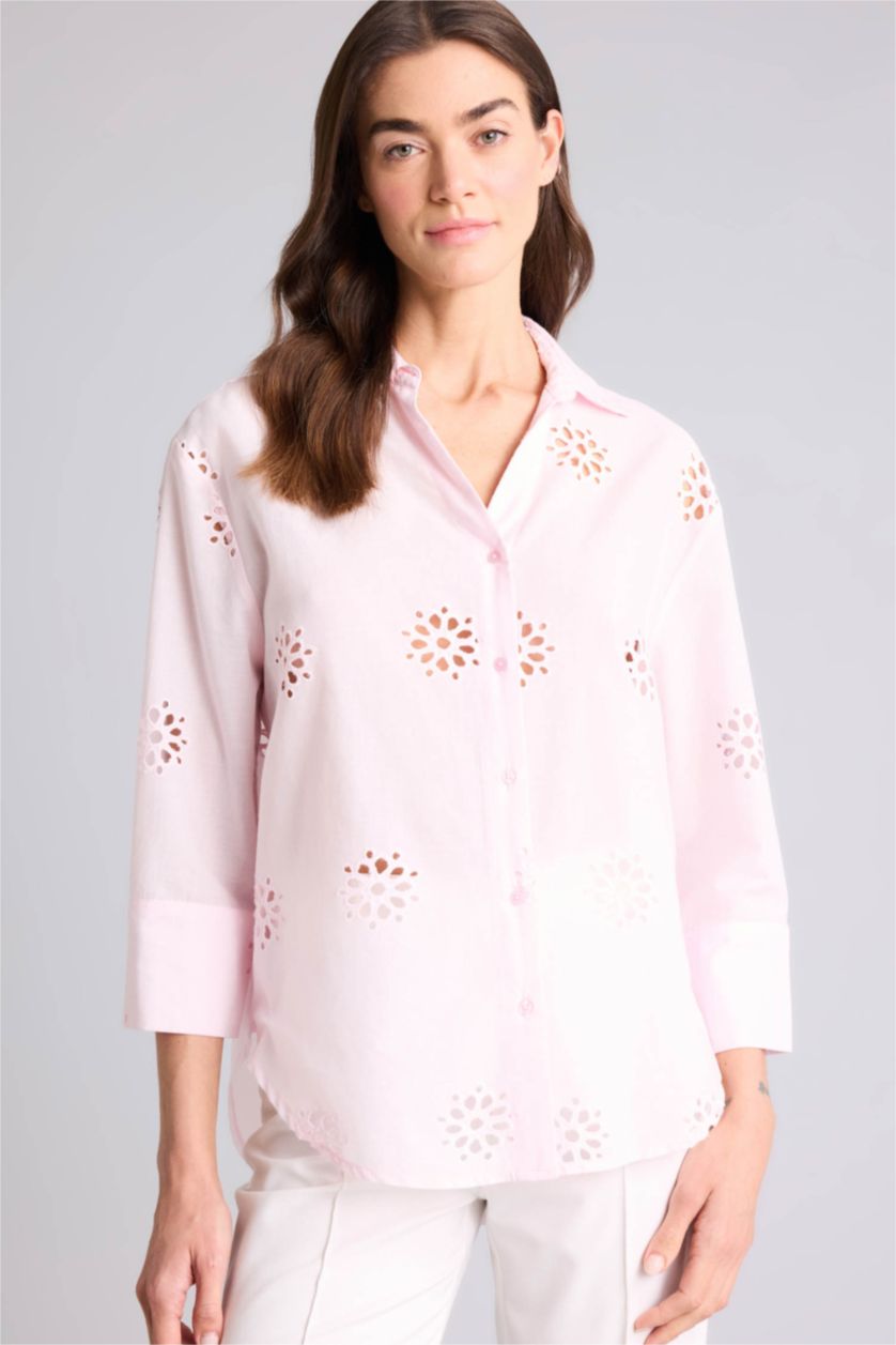 Kadın Açık Pembe Oversıze Gömlek Yaka Brode Uzun Kollu Gömlek