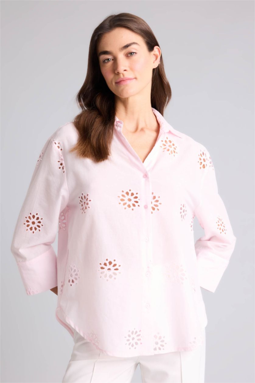 Kadın Açık Pembe Oversıze Gömlek Yaka Brode Uzun Kollu Gömlek