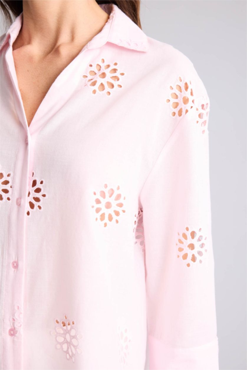 Kadın Açık Pembe Oversıze Gömlek Yaka Brode Uzun Kollu Gömlek