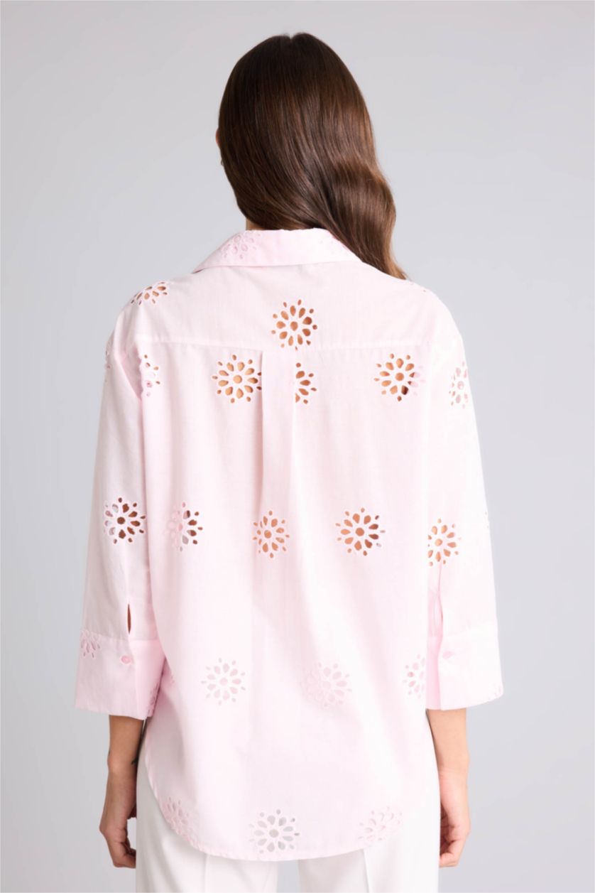 Kadın Açık Pembe Oversıze Gömlek Yaka Brode Uzun Kollu Gömlek