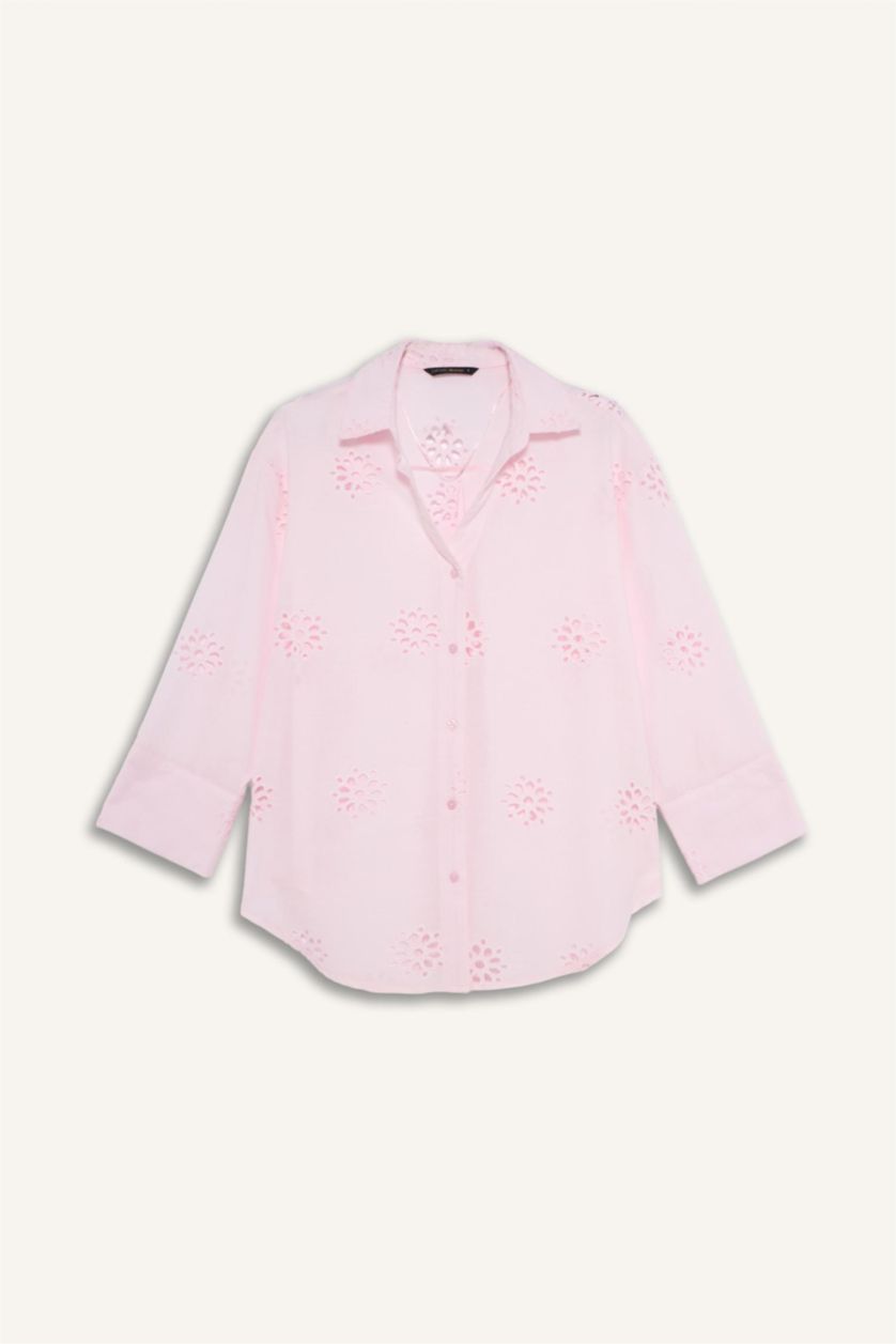 Kadın Açık Pembe Oversıze Gömlek Yaka Brode Uzun Kollu Gömlek