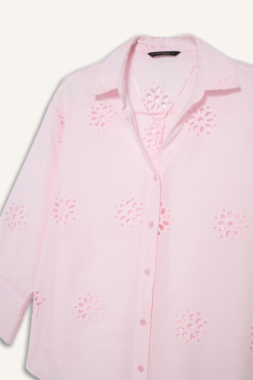 Kadın Açık Pembe Oversıze Gömlek Yaka Brode Uzun Kollu Gömlek