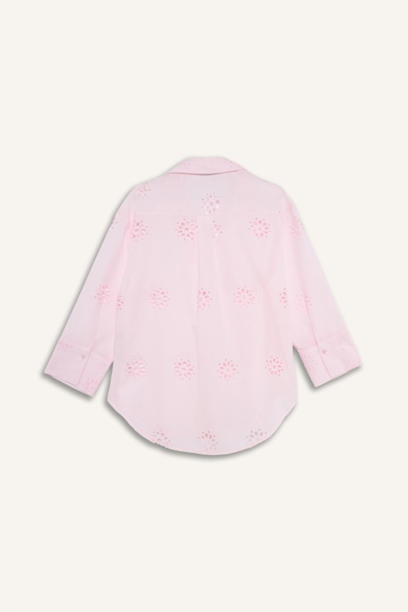 Kadın Açık Pembe Oversıze Gömlek Yaka Brode Uzun Kollu Gömlek