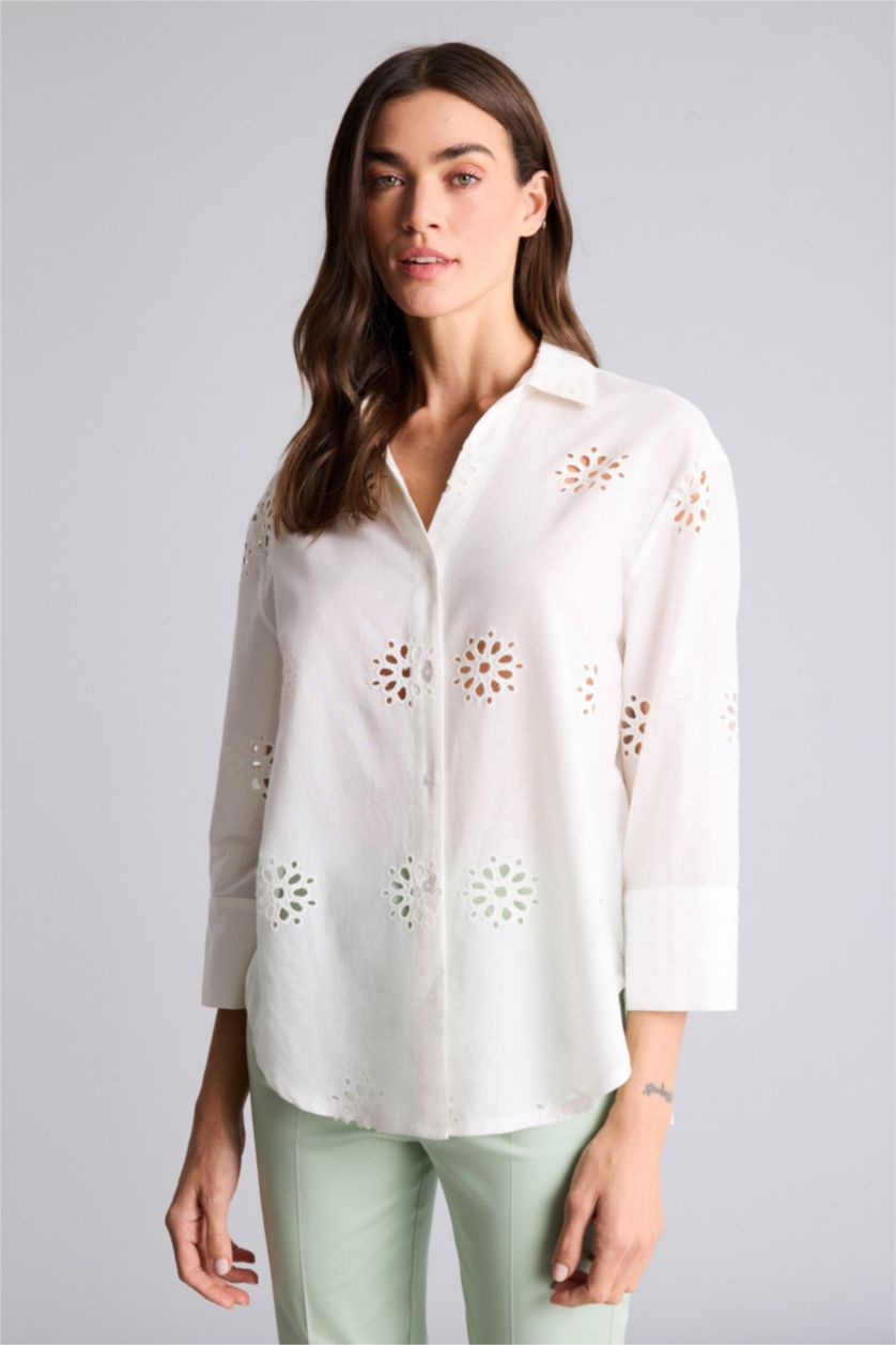 Kadın Kırık Beyaz Oversıze Gömlek Yaka Brode Uzun Kollu Gömlek