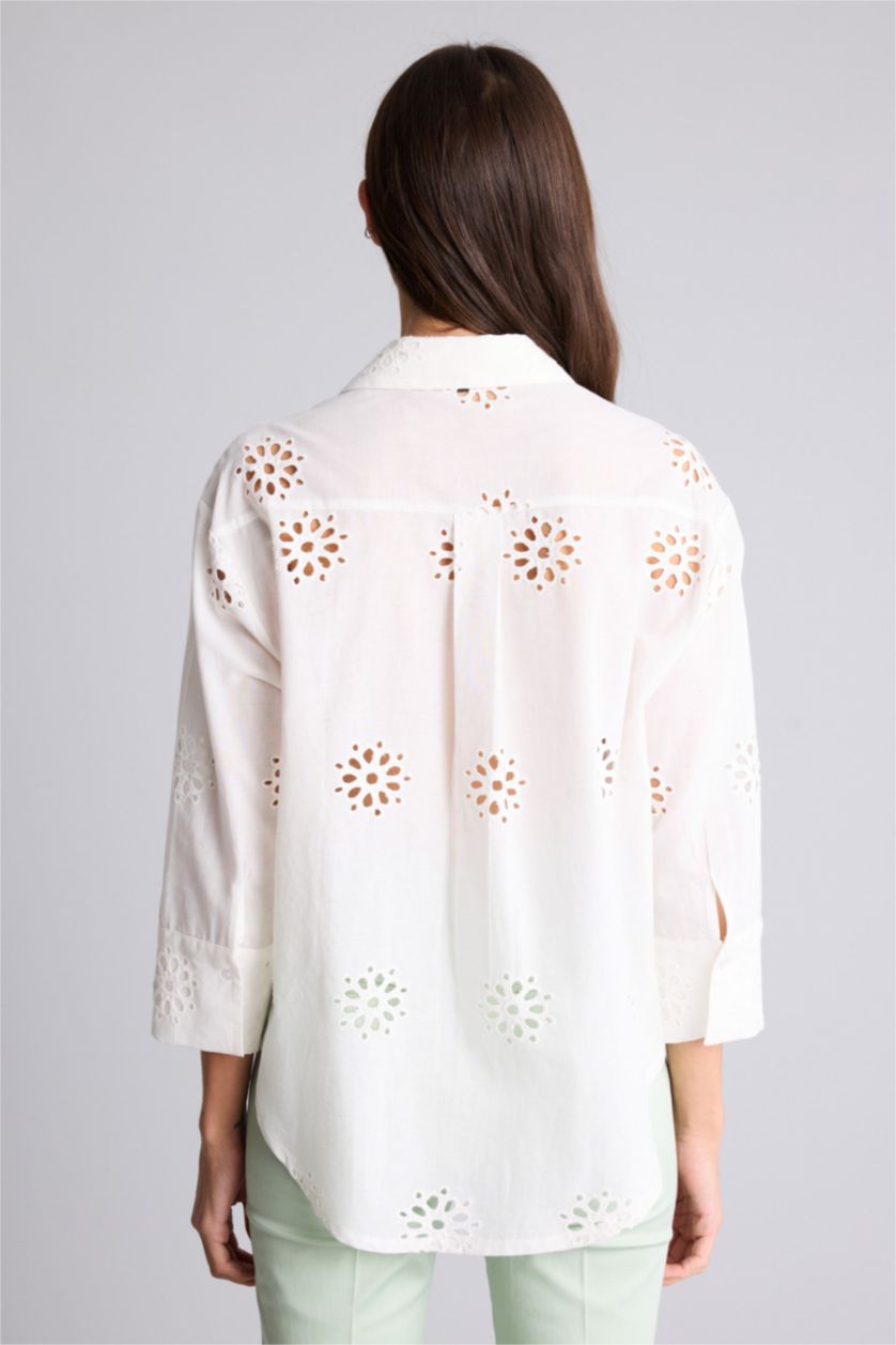 Kadın Kırık Beyaz Oversıze Gömlek Yaka Brode Uzun Kollu Gömlek