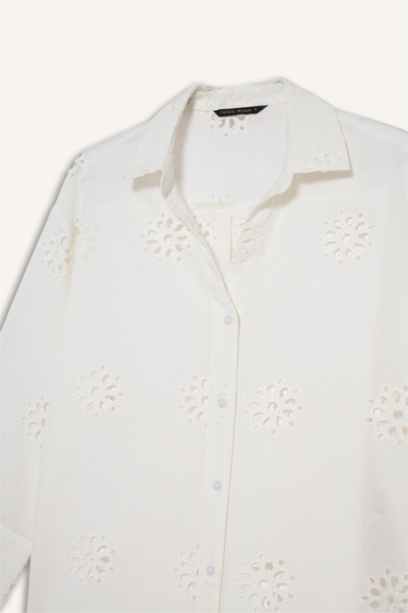Kadın Kırık Beyaz Oversıze Gömlek Yaka Brode Uzun Kollu Gömlek