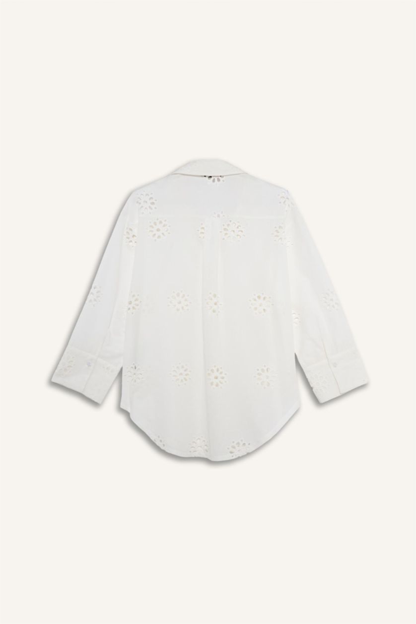 Kadın Kırık Beyaz Oversıze Gömlek Yaka Brode Uzun Kollu Gömlek
