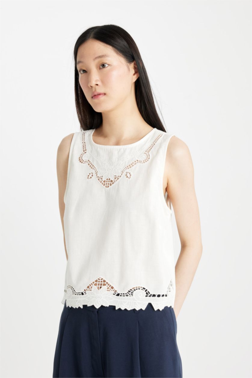 نساء بيج فاتح بلوزة بدون كم قصة عادية برقبة مدورة ممزوج بالكتان