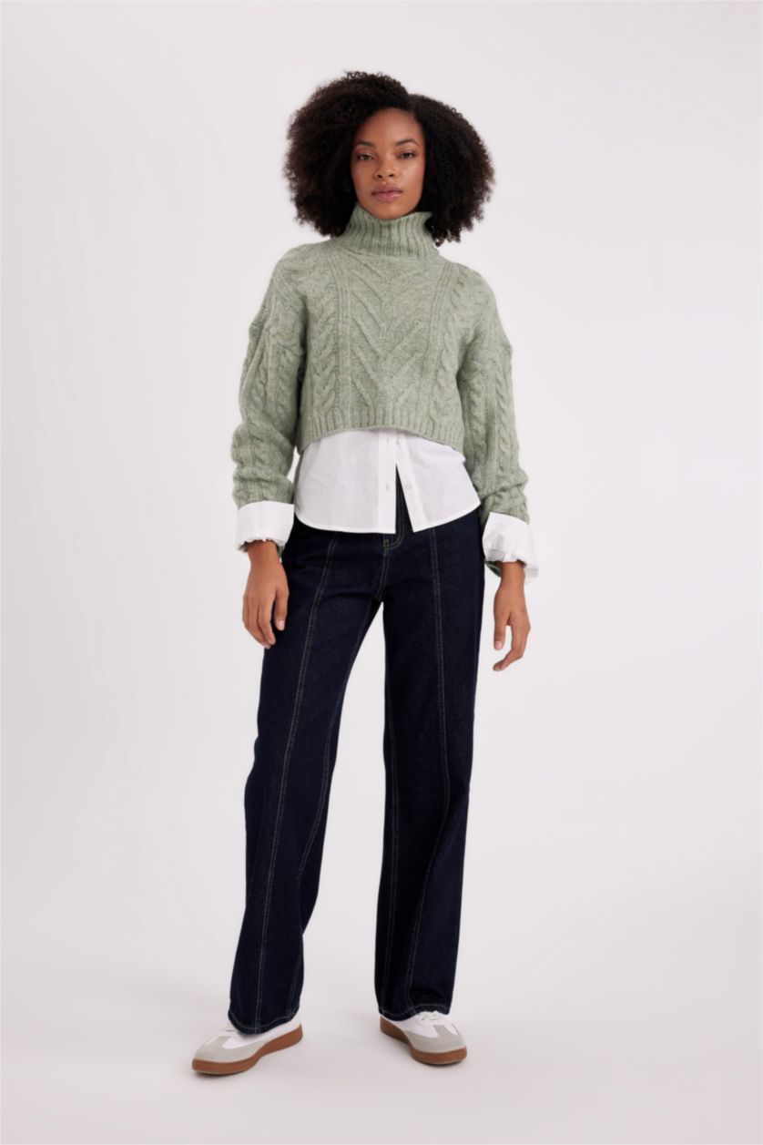 Женщины Светло-зеленый Трикотажный свитер с воротником под горло