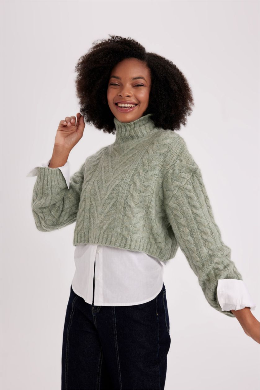 Женщины Светло-зеленый Трикотажный свитер с воротником под горло
