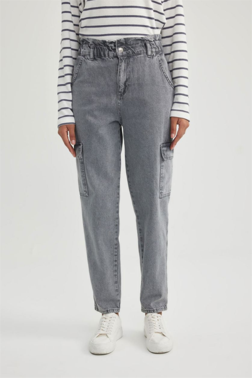 حريمي رمادي بنطلون جينز كارجو خصر عالي