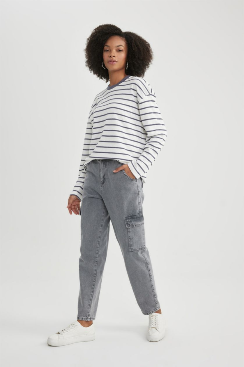 حريمي رمادي بنطلون جينز كارجو خصر عالي