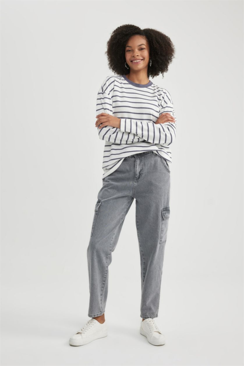 حريمي رمادي بنطلون جينز كارجو خصر عالي