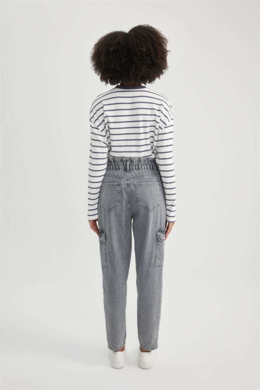 حريمي رمادي بنطلون جينز كارجو خصر عالي