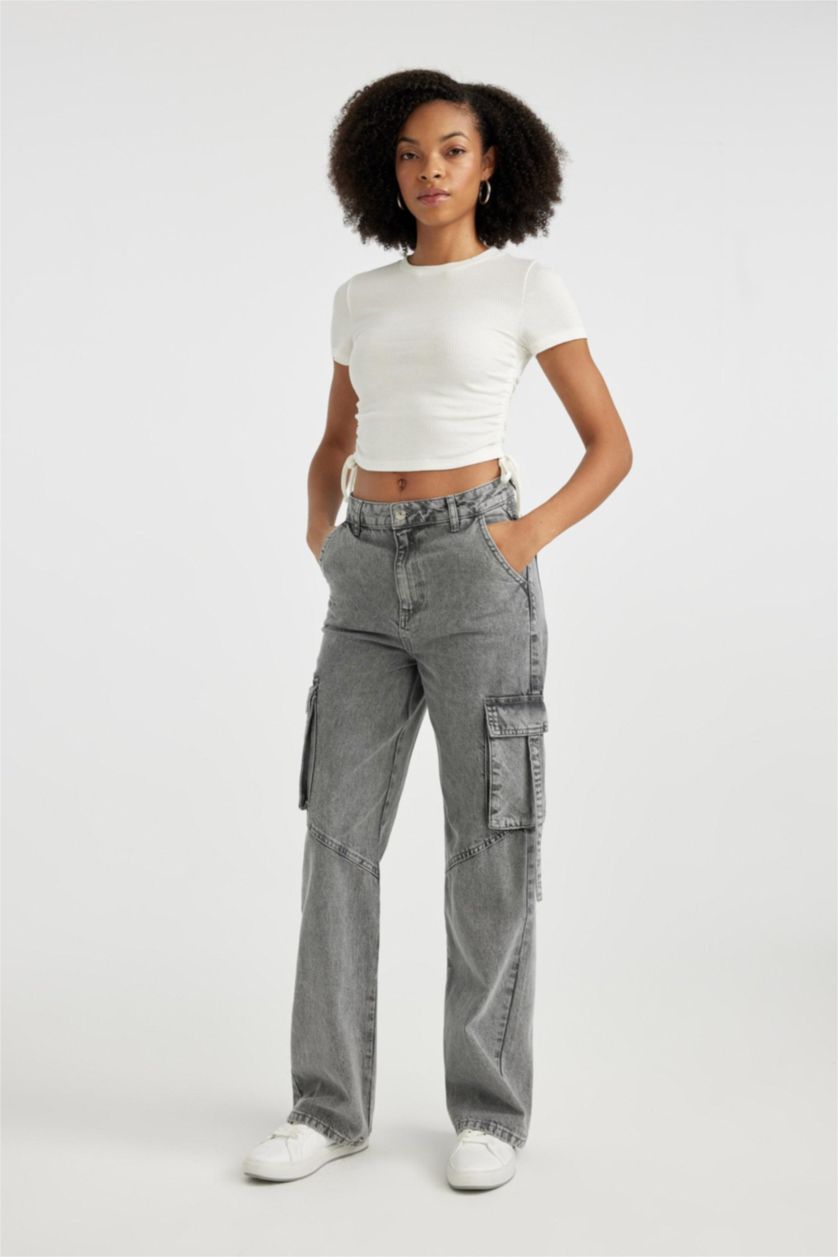 نساء رمادي بنطرون جينز وايد ليج برجل واسع وخصر عالي