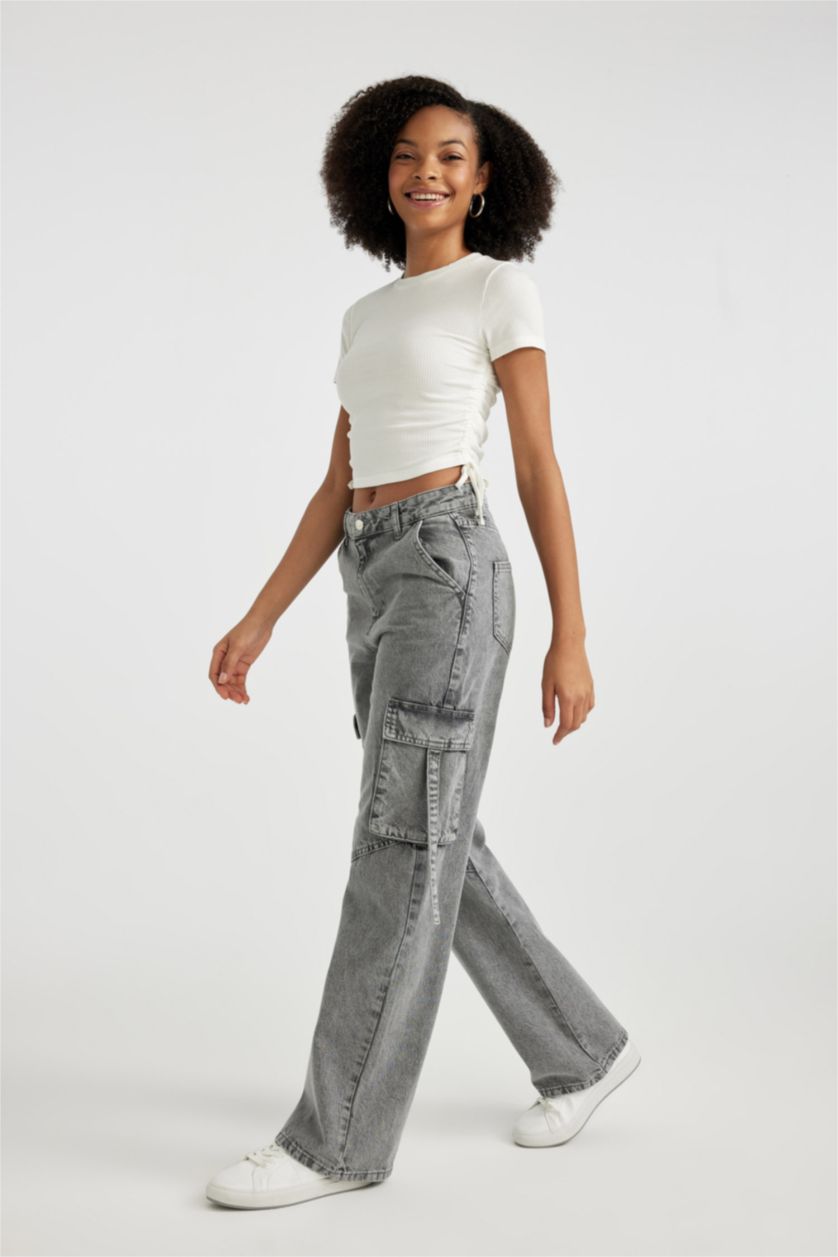 نساء رمادي بنطرون جينز وايد ليج برجل واسع وخصر عالي
