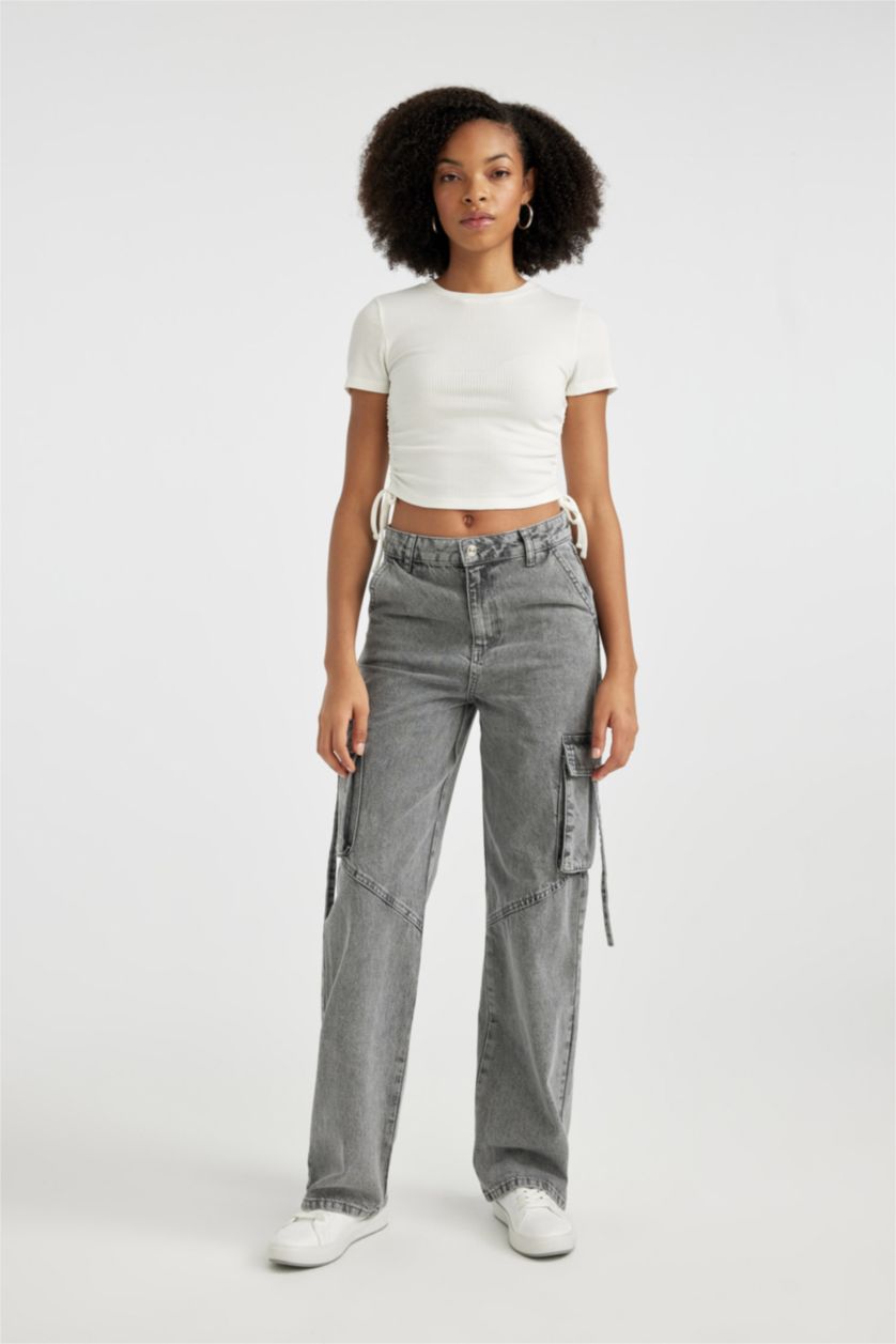 نساء رمادي بنطرون جينز وايد ليج برجل واسع وخصر عالي