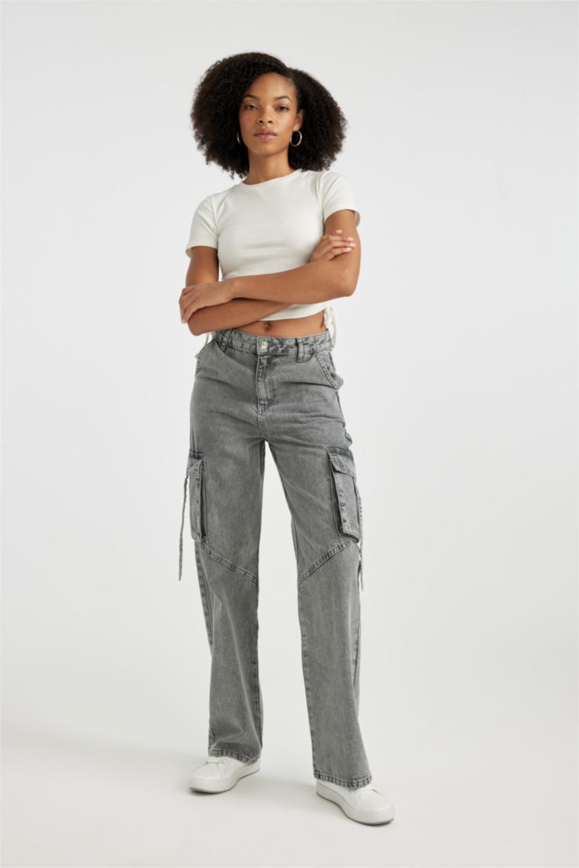 نساء رمادي بنطرون جينز وايد ليج برجل واسع وخصر عالي