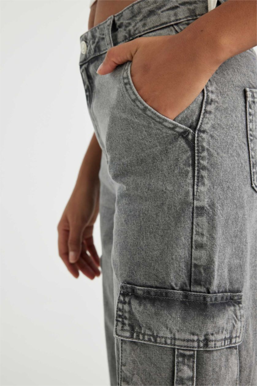 نساء رمادي بنطرون جينز وايد ليج برجل واسع وخصر عالي