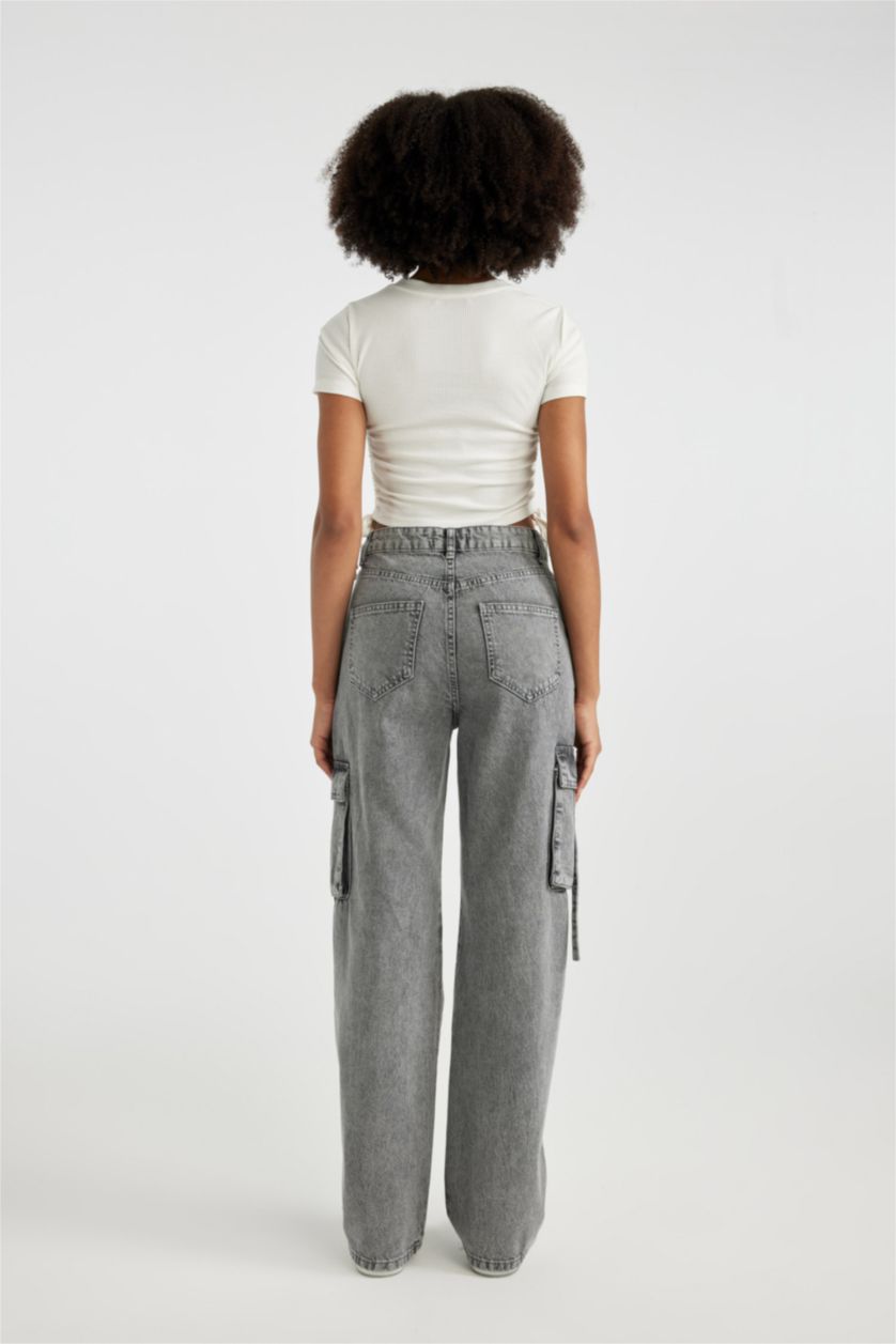 نساء رمادي بنطرون جينز وايد ليج برجل واسع وخصر عالي