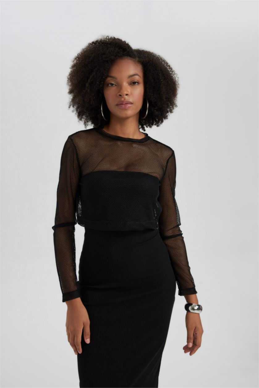 Kadın Siyah Fitted Crop Uzun Kollu File Tişört