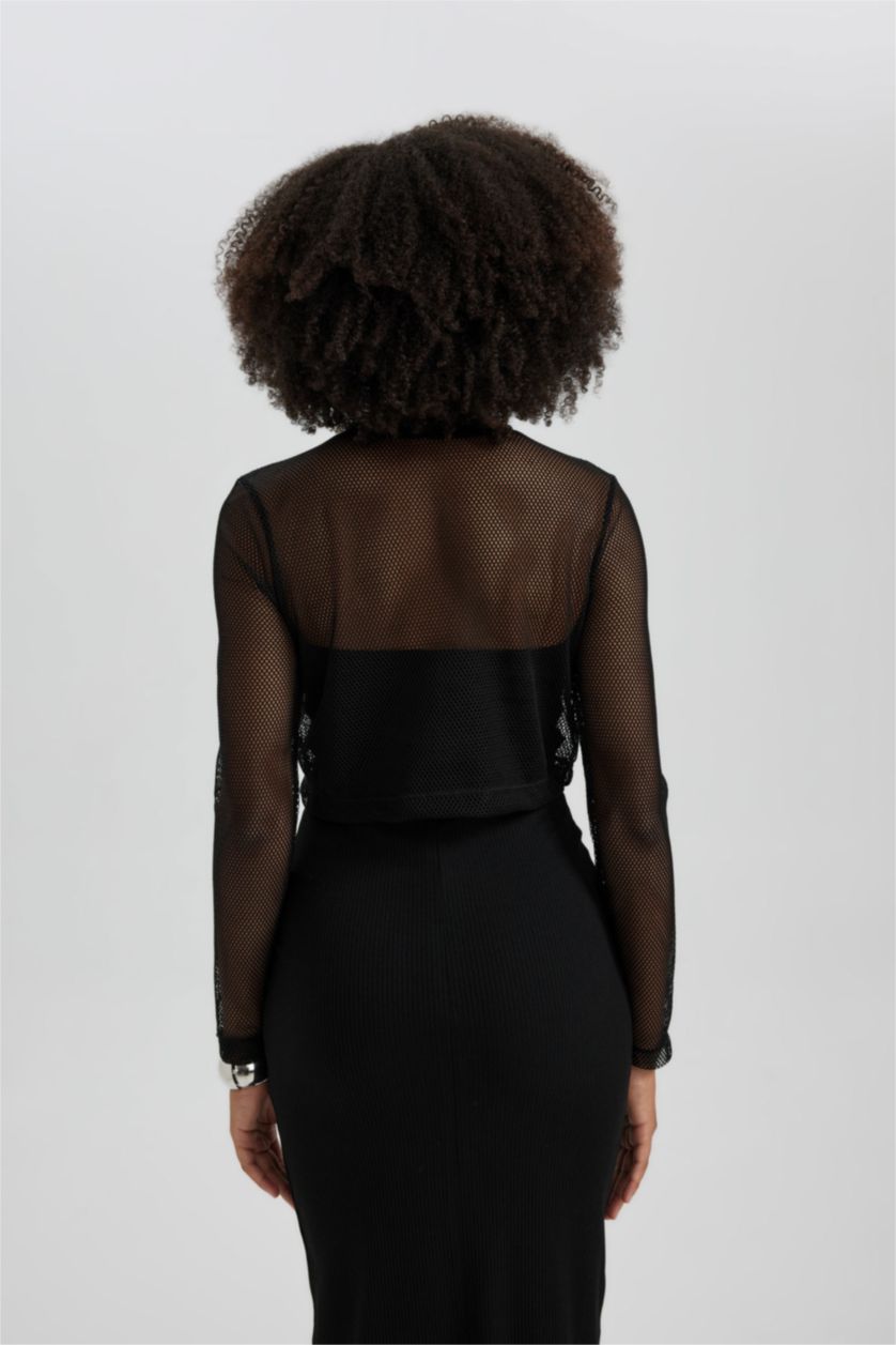 Kadın Siyah Fitted Crop Uzun Kollu File Tişört