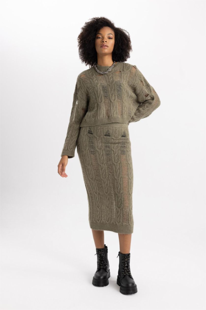 WOMAN Khaki Slim Fit Knitwear Skirt