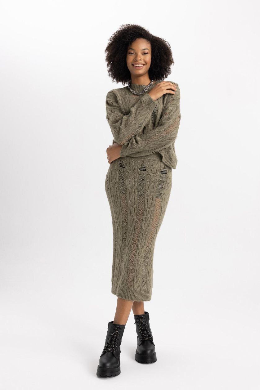 WOMAN Khaki Slim Fit Knitwear Skirt