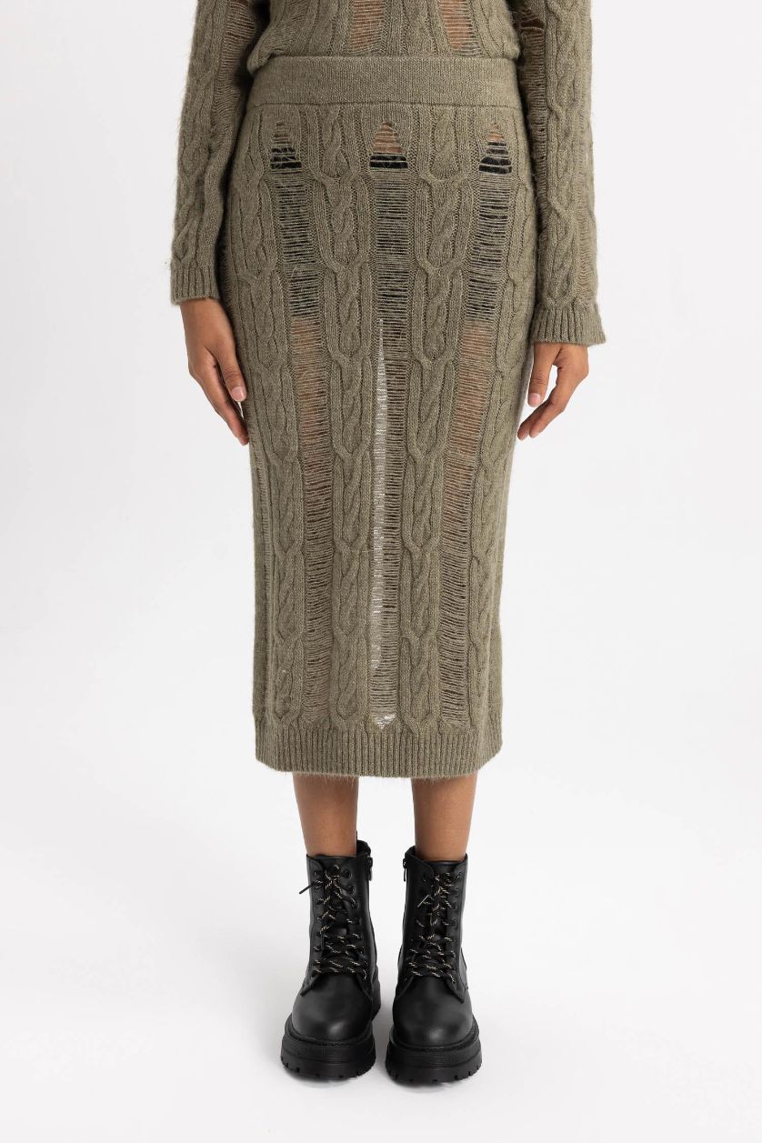 WOMAN Khaki Slim Fit Knitwear Skirt