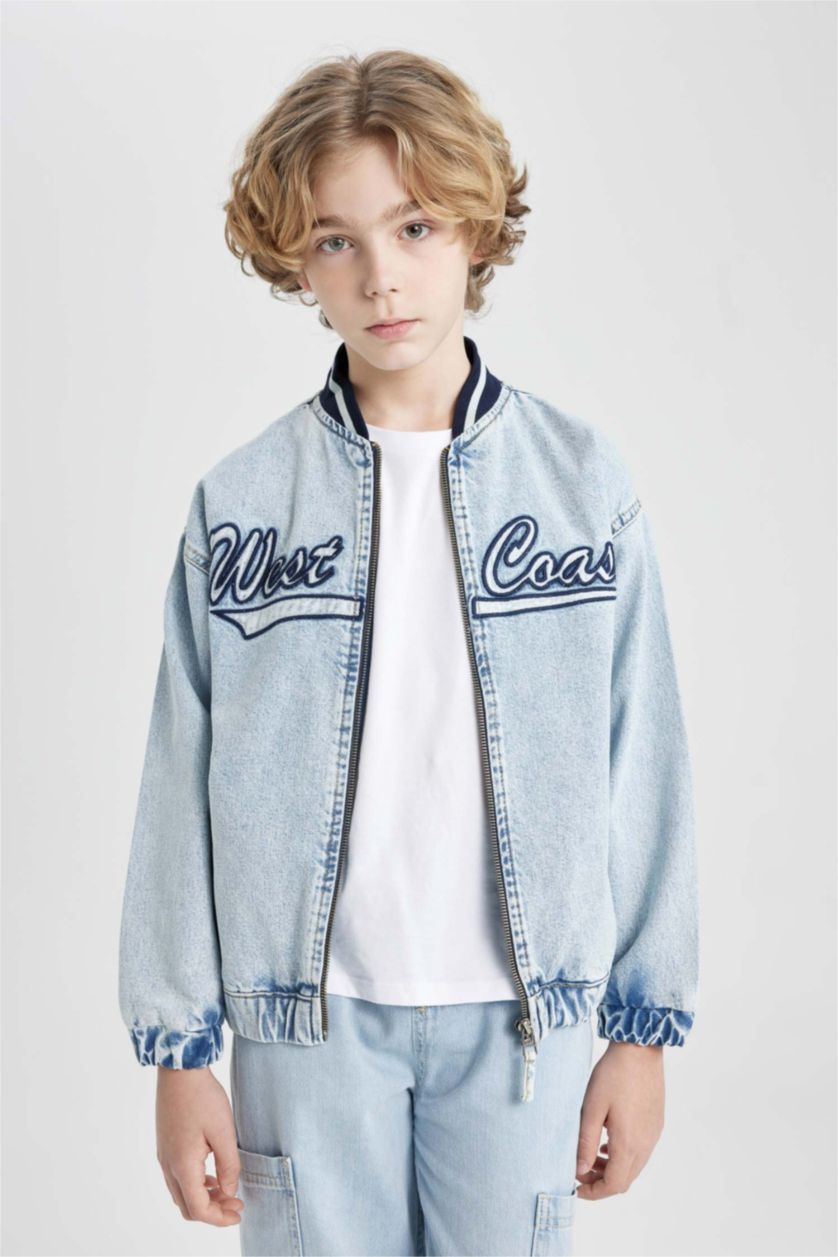 Erkek Çocuk - Genç Erkek Açık Mavi Kolej Yaka Fermuarlı Cepli Mevsimlik Baskılı Jean Bomber Ceket Erkek Çocuk