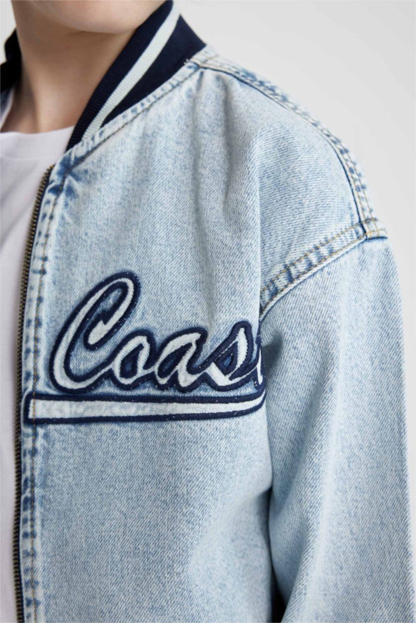 Erkek Çocuk - Genç Erkek Açık Mavi Kolej Yaka Fermuarlı Cepli Mevsimlik Baskılı Jean Bomber Ceket Erkek Çocuk