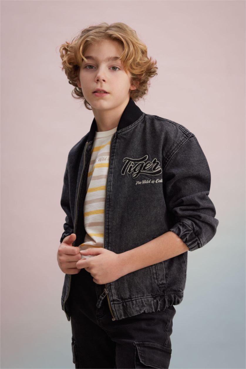 Erkek Çocuk - Genç Erkek Antrasit Kolej Yaka Fermuarlı Çift Cepli Mevsimlik Hafif Jean Bomber Ceket Erkek Çocuk