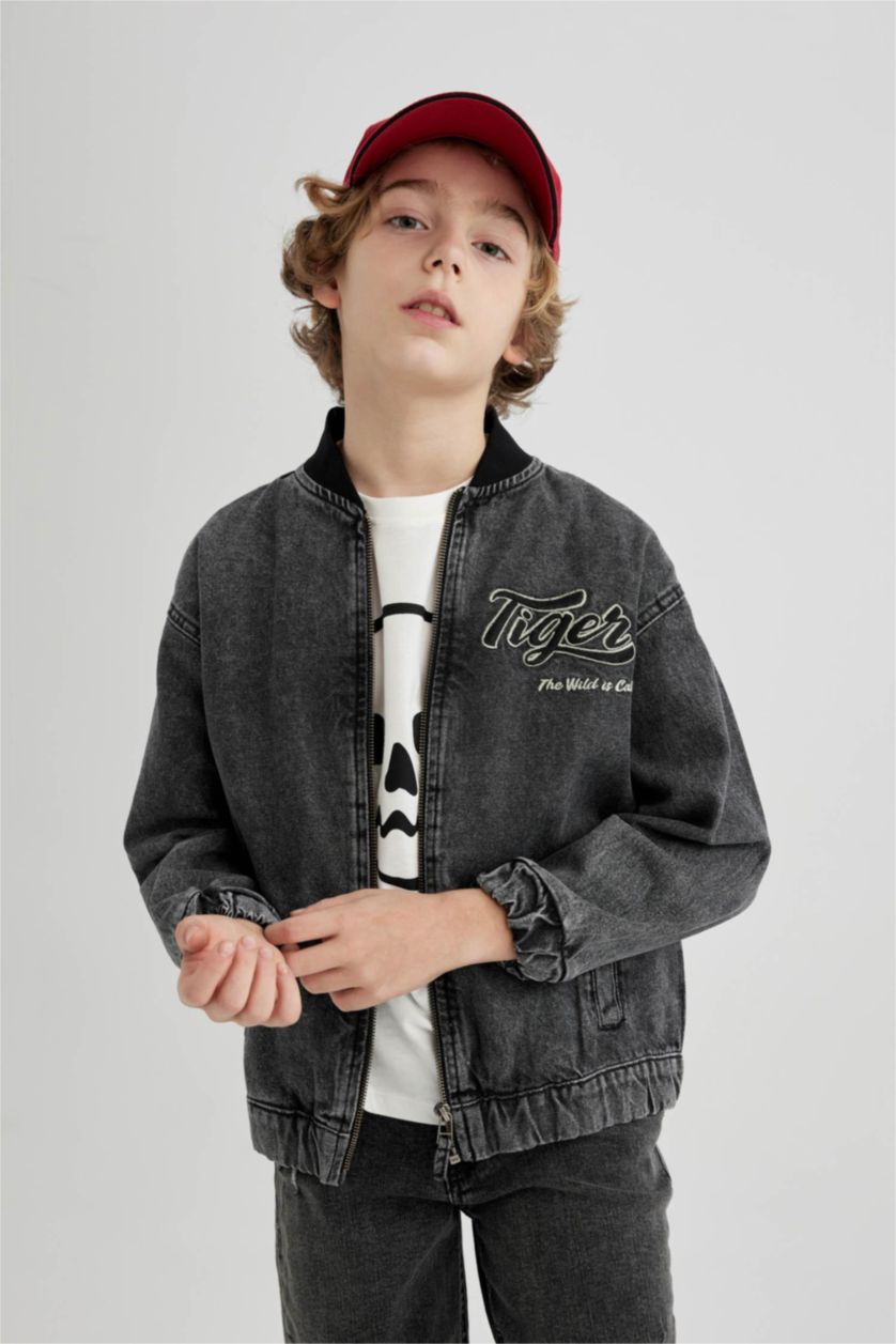 Erkek Çocuk - Genç Erkek Antrasit Kolej Yaka Fermuarlı Çift Cepli Mevsimlik Hafif Jean Bomber Ceket Erkek Çocuk