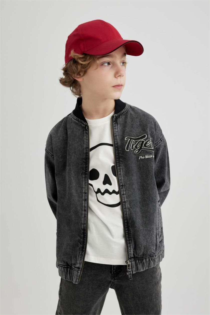 Erkek Çocuk - Genç Erkek Antrasit Kolej Yaka Fermuarlı Çift Cepli Mevsimlik Hafif Jean Bomber Ceket Erkek Çocuk