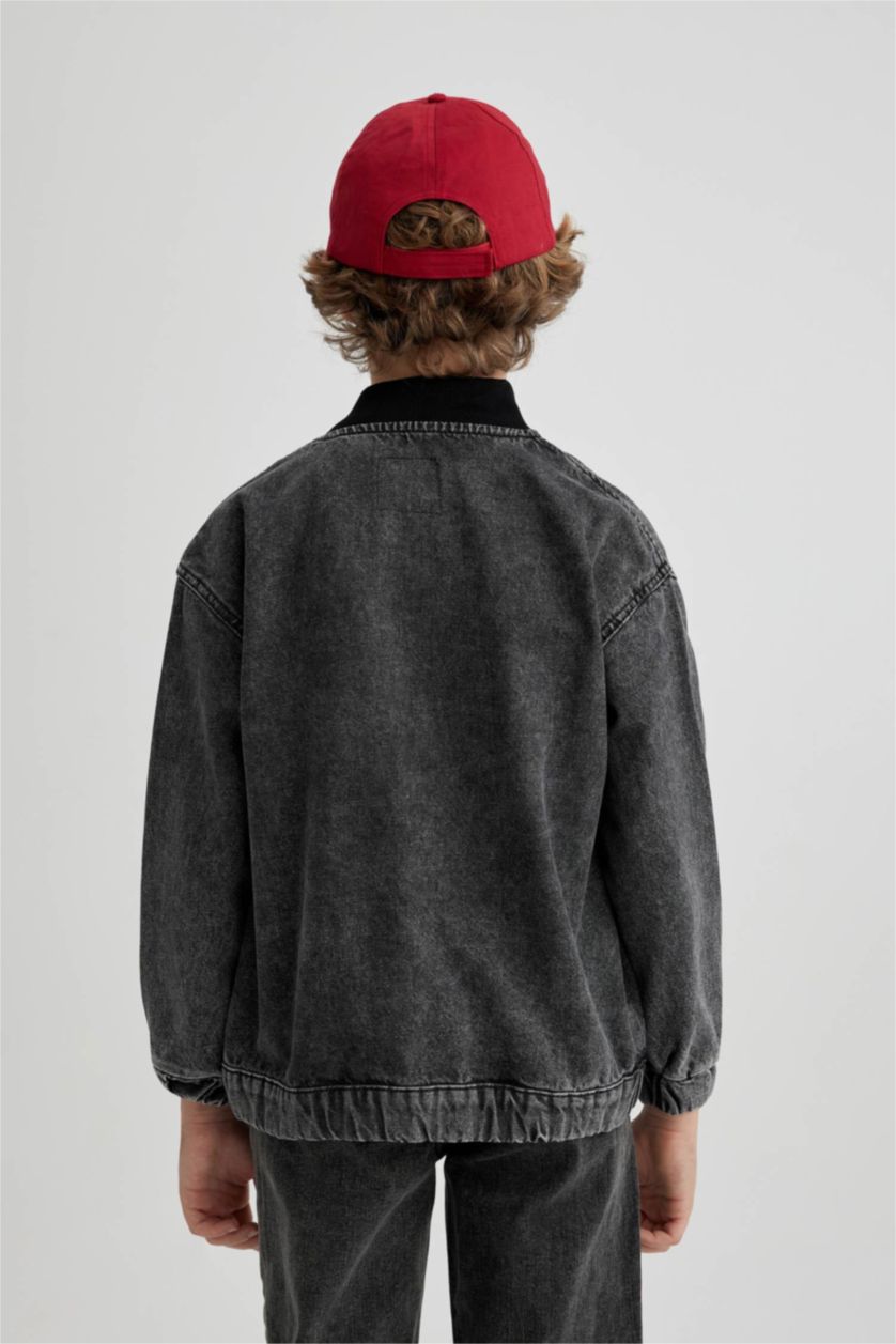 Erkek Çocuk - Genç Erkek Antrasit Kolej Yaka Fermuarlı Çift Cepli Mevsimlik Hafif Jean Bomber Ceket Erkek Çocuk