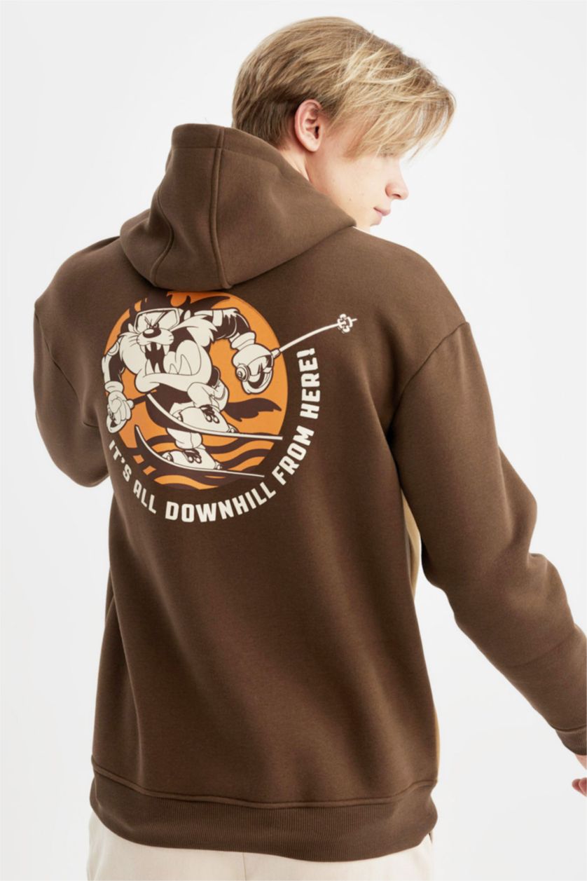 Man Brown Looney Tunes Boxy Fit Hooded Back Printed Sweatshirt