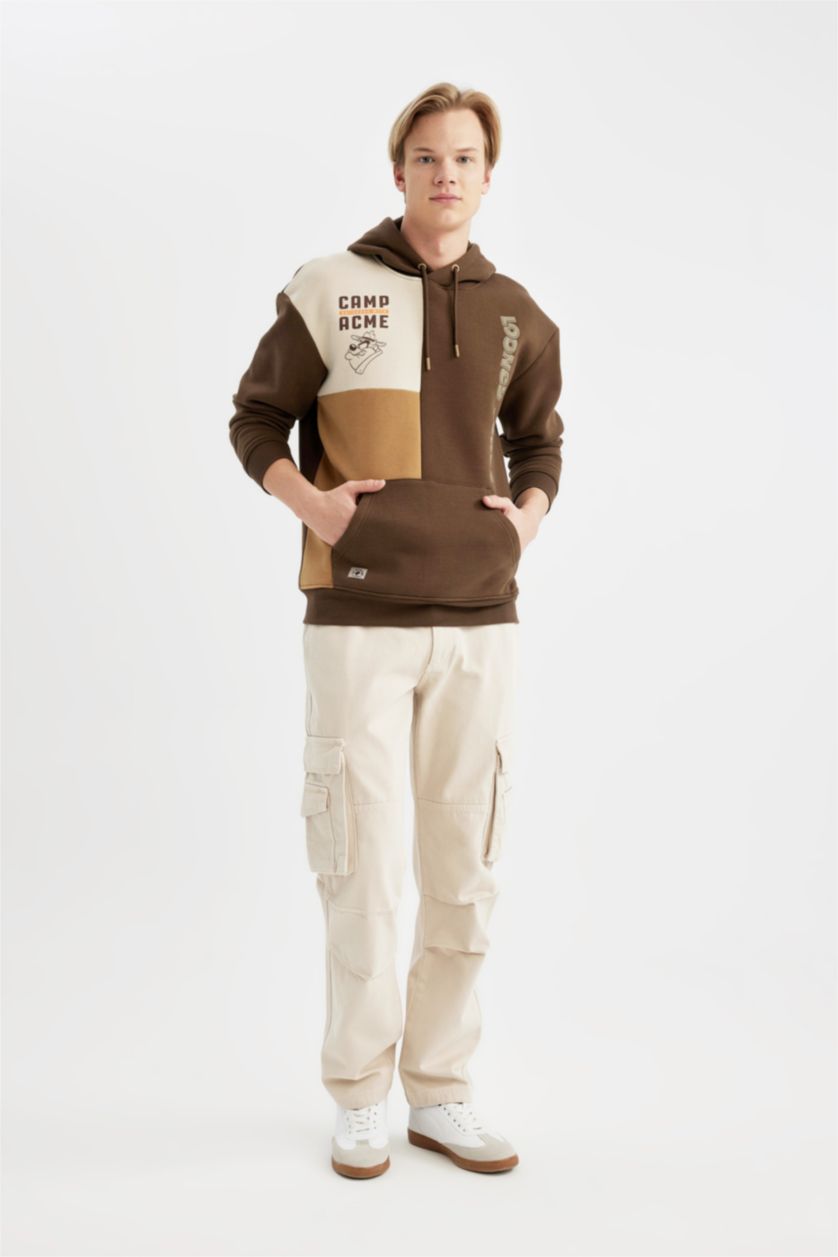 Man Brown Looney Tunes Boxy Fit Hooded Back Printed Sweatshirt