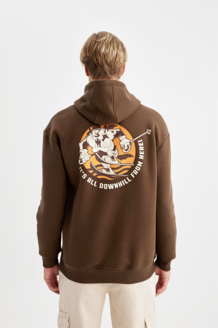 Man Brown Looney Tunes Boxy Fit Hooded Back Printed Sweatshirt