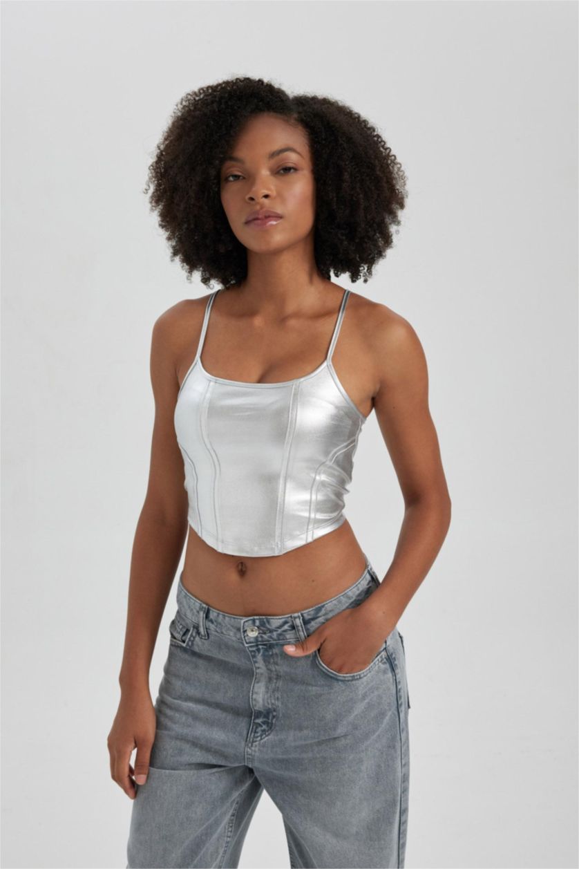 Kadın REFLECTOR GREY Fitted U Yaka Crop Parlak Askılı Atlet