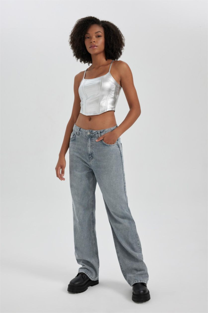 Kadın REFLECTOR GREY Fitted U Yaka Crop Parlak Askılı Atlet