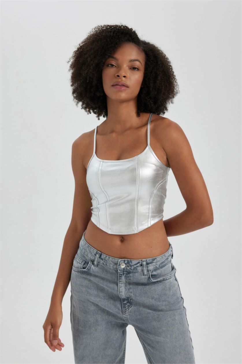 Kadın REFLECTOR GREY Fitted U Yaka Crop Parlak Askılı Atlet