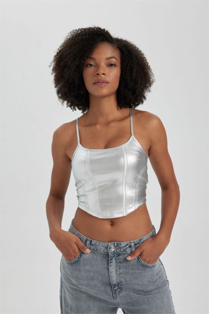 Kadın REFLECTOR GREY Fitted U Yaka Crop Parlak Askılı Atlet