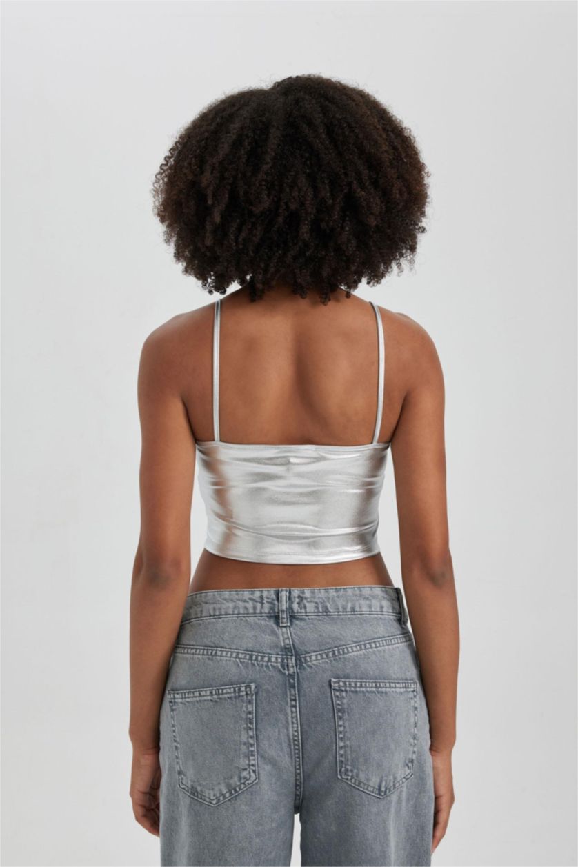 Kadın REFLECTOR GREY Fitted U Yaka Crop Parlak Askılı Atlet