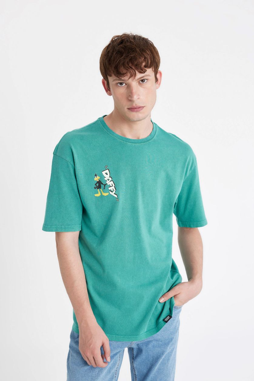 Erkek Yeşil Looney Tunes Oversize Geniş Kalıp Bisiklet Yaka Sırt Baskılı Kısa Kollu Tişört